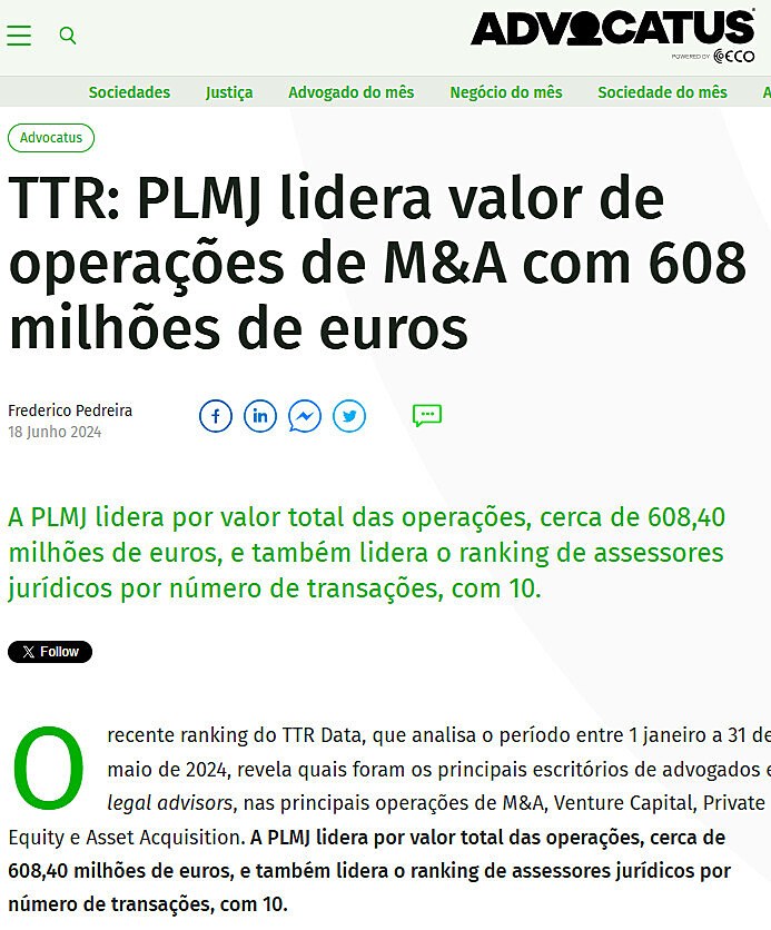 TTR: PLMJ lidera valor de operaes de M&A com 608 milhes de euros